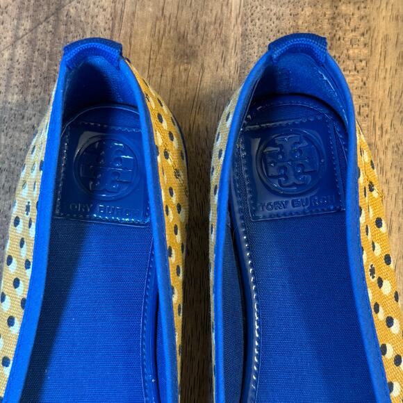 Tory Burch Ballet Flat Signature Logo Canvas Polka Dot Shoe Yellow Blue Size 8 - Picture 7 of 10